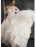 Off Shoulder Shiny Lace Tulle Wedding Dress With Frilled Train